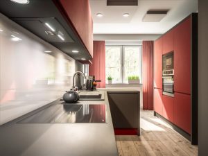vizualizácia kuchyne s červeným akcentom
