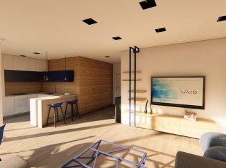 3D vizualizácia moderný biely interiér s drevom obývačka s kuchyňou
