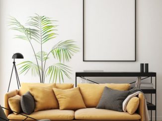 vizualizácia obývačky so žltým akcentom