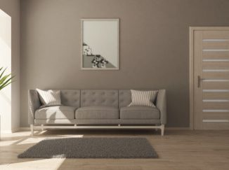 Moderný návrh vizualizácie obývačky v sivom prevedení