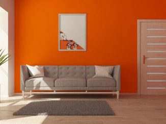 Moderný návrh vizualizácie obývačky v oranžovom prevedení