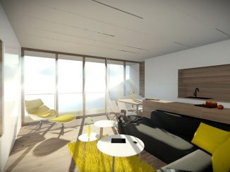 3D vizualizácia veselý moderný interiér obývačka s kuchyňou